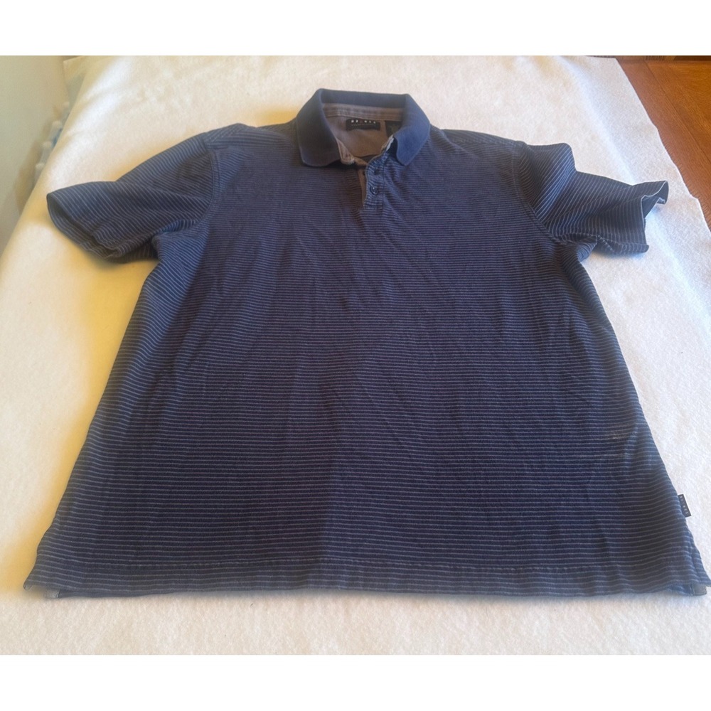 Axcess Claiborne Mens Polo Shirt M Nave Blue Stripe Short Sleeve Golf Casual